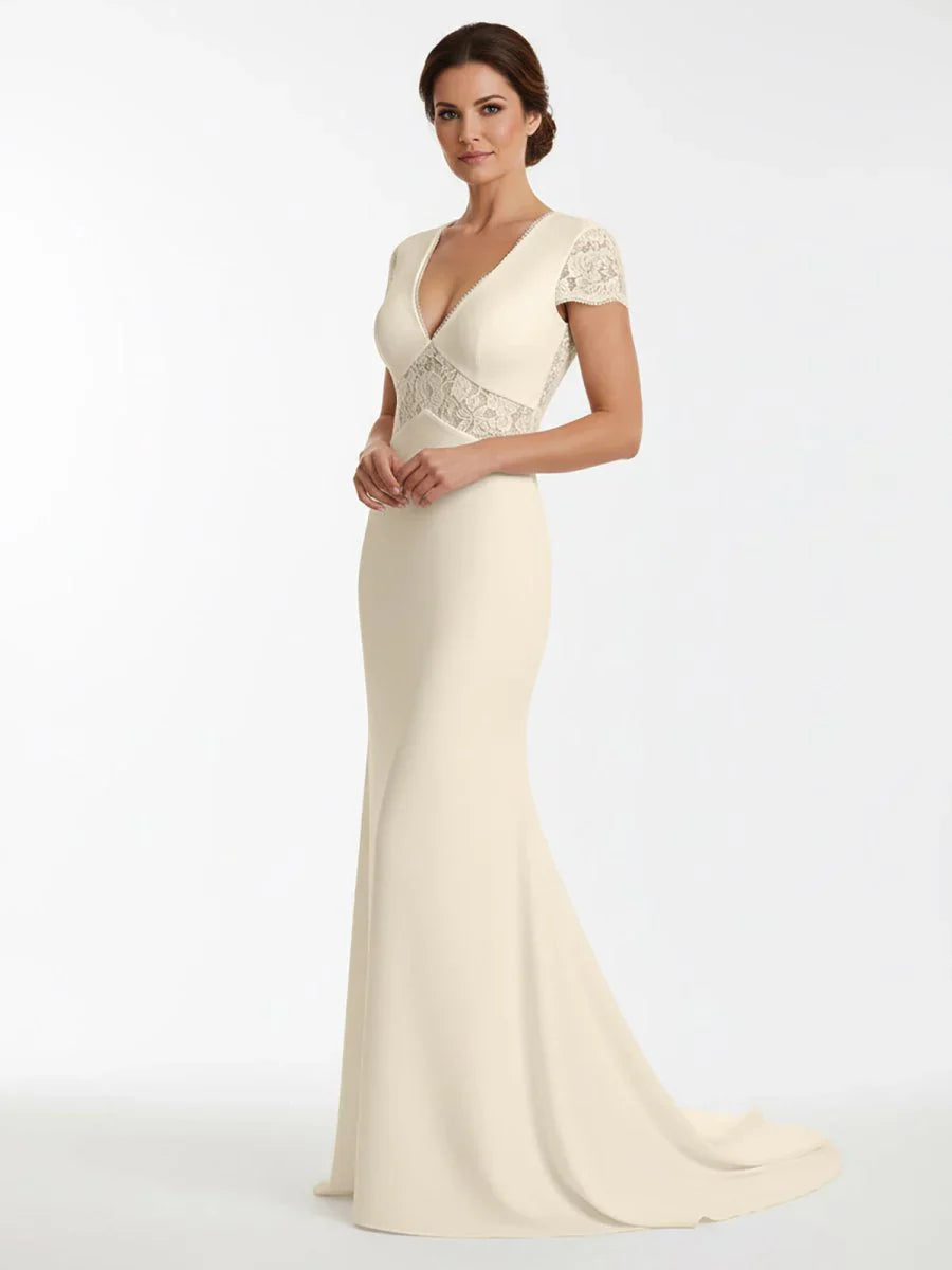 Modest Simple Sheath Short Sleeve Empire Floor Length Sweep Train Chiffon V neck Wedding Dress