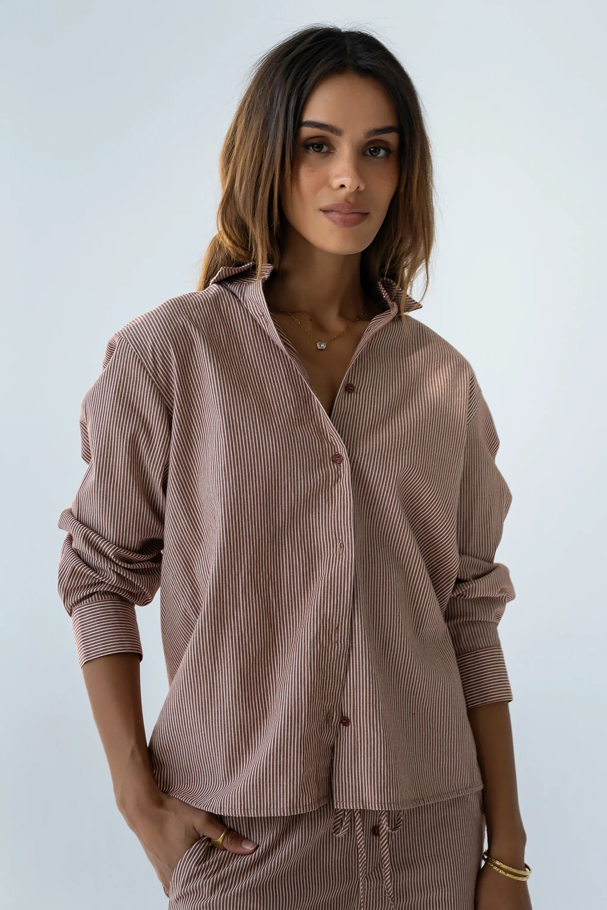 Hailey Striped Button Up in Mauve