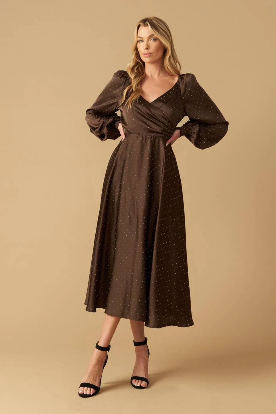 ROMANTIC LOVE BROWN LONG SLEEVE MIDI DRESS