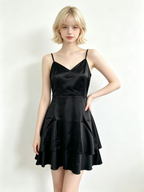 Black Satin Tiered Mini Cami Dress