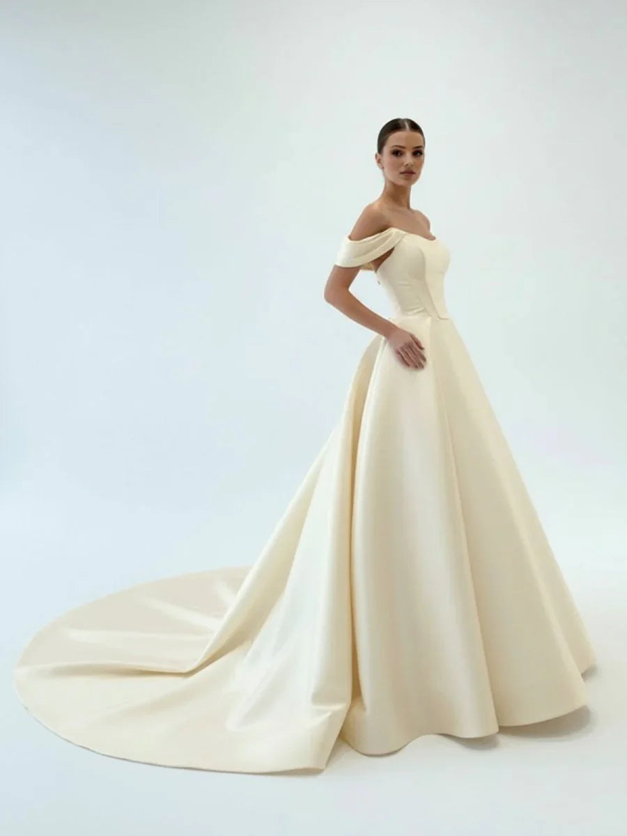 Elegant A Line Off the Shoulder White Satin Wedding Dresses