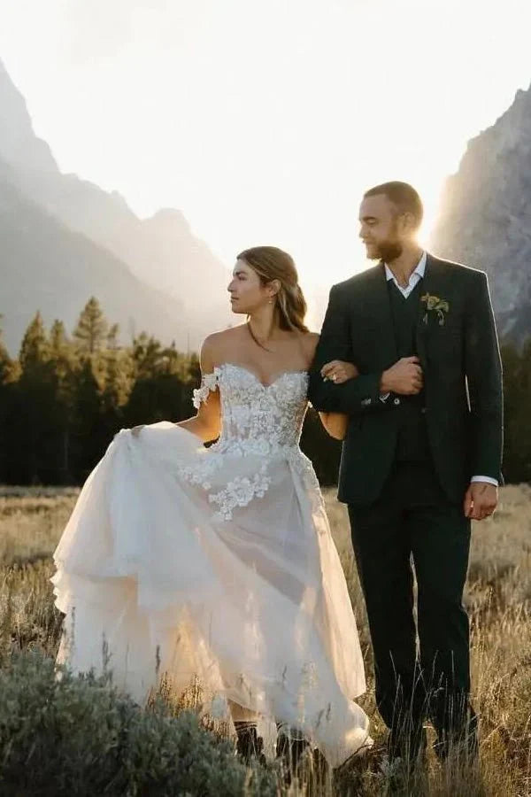 A Line Off the Shoulder Appliques Long Wedding Dresses Bridal Gown