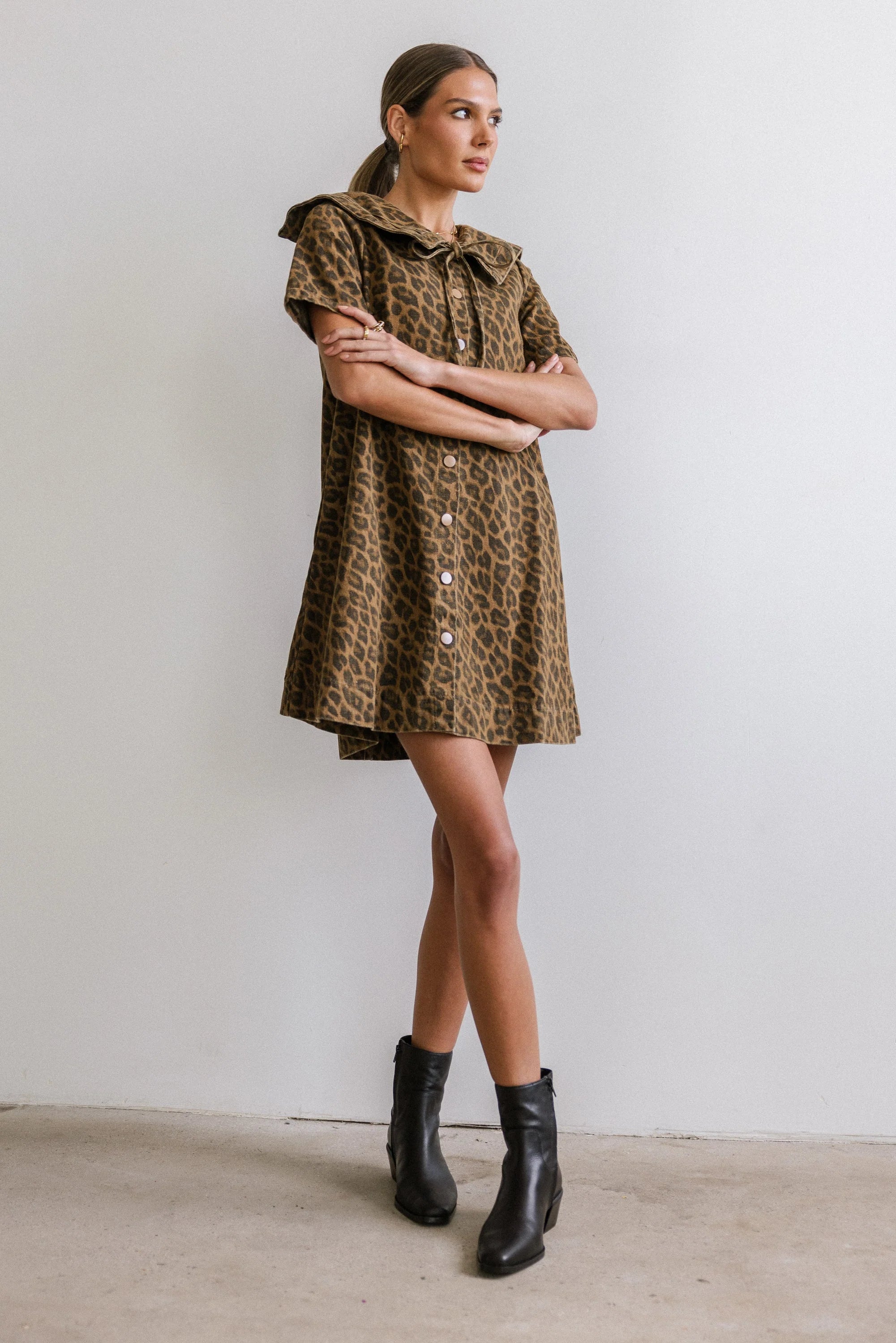 Camryn Collared Baby Doll Dress in Leopard FINAL SALE