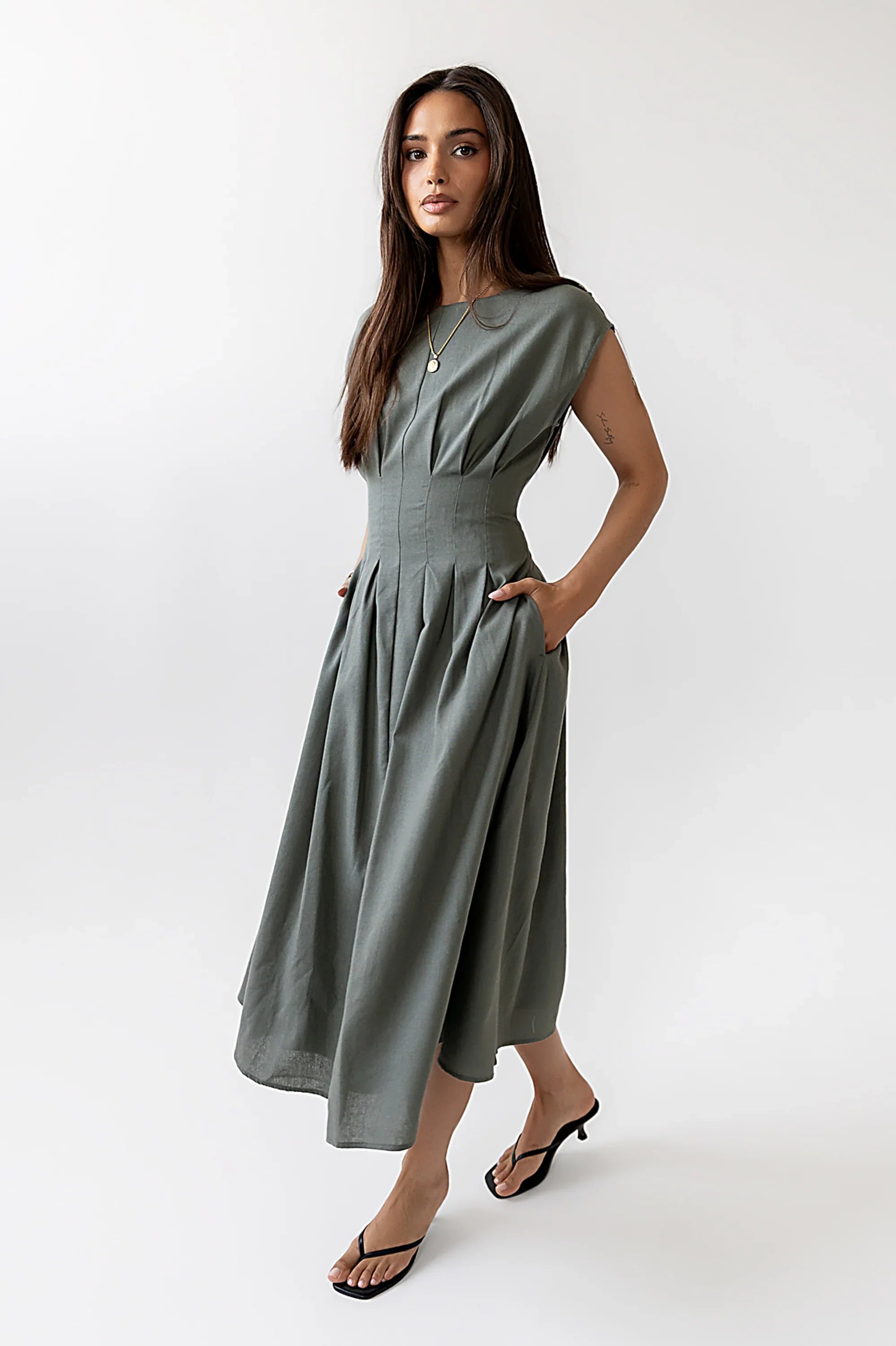 Matilda Pleated Maxi Dress in Olive