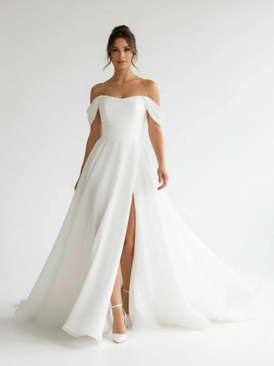 Elegant White Off the Shoulder Long Wedding Dress with Slit
