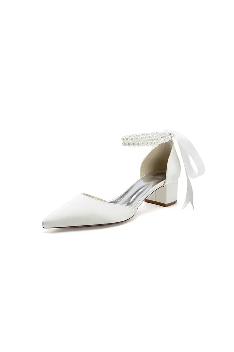 Pointed Toe Double Pearl Ankle Strap Party Shoes With Ribbon Tie