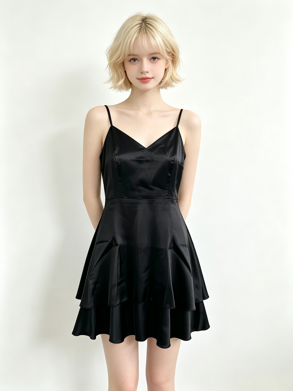 Black Satin Tiered Mini Cami Dress