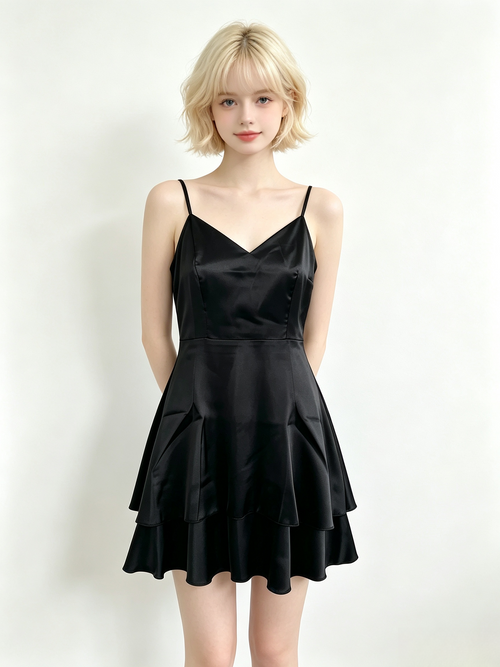 Black Satin Tiered Mini Cami Dress
