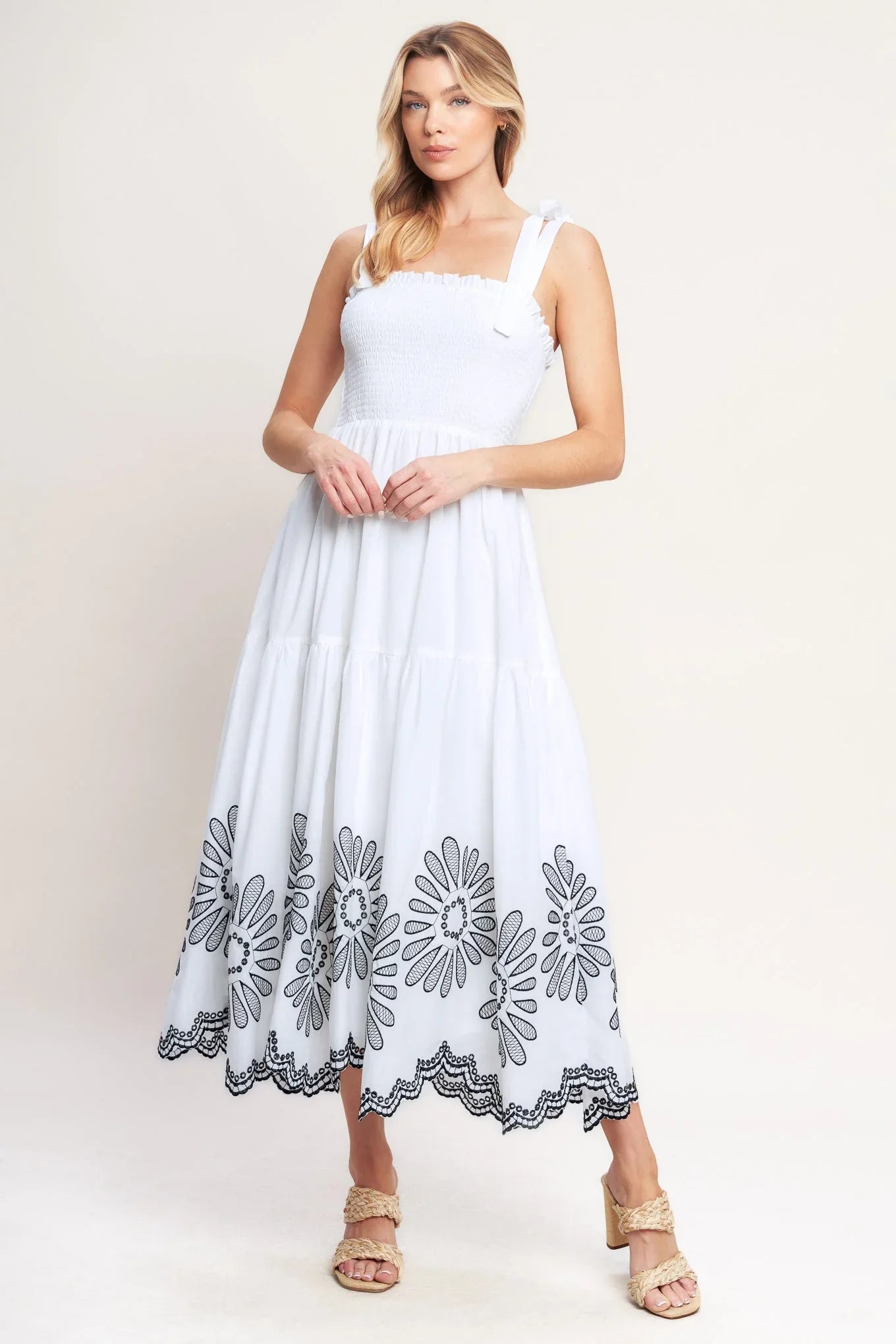 WHISPERS OF SUMMER BLACK WHITE MIDI DRESS