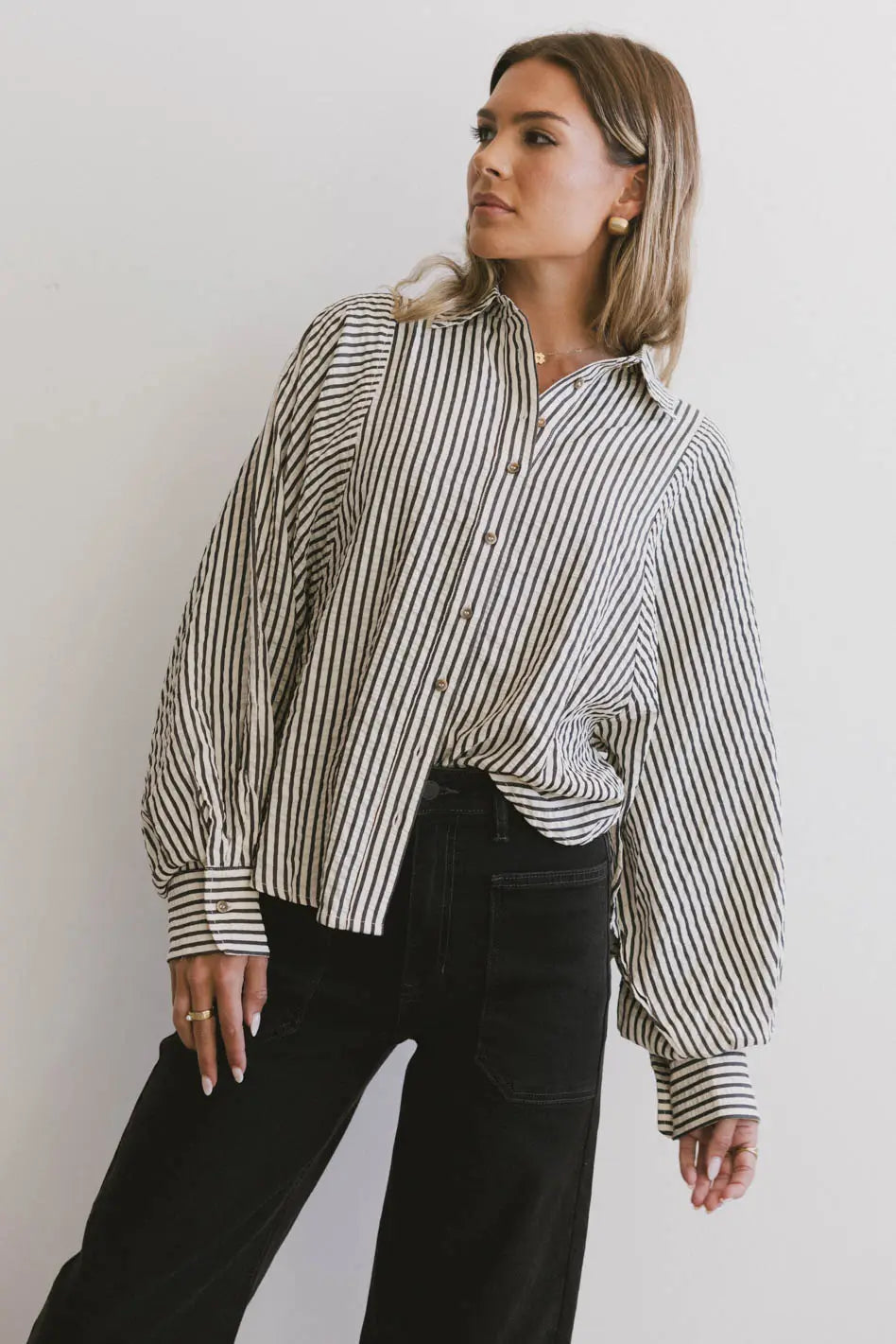 Niri Striped Button Up in Charcoal FINAL SALE