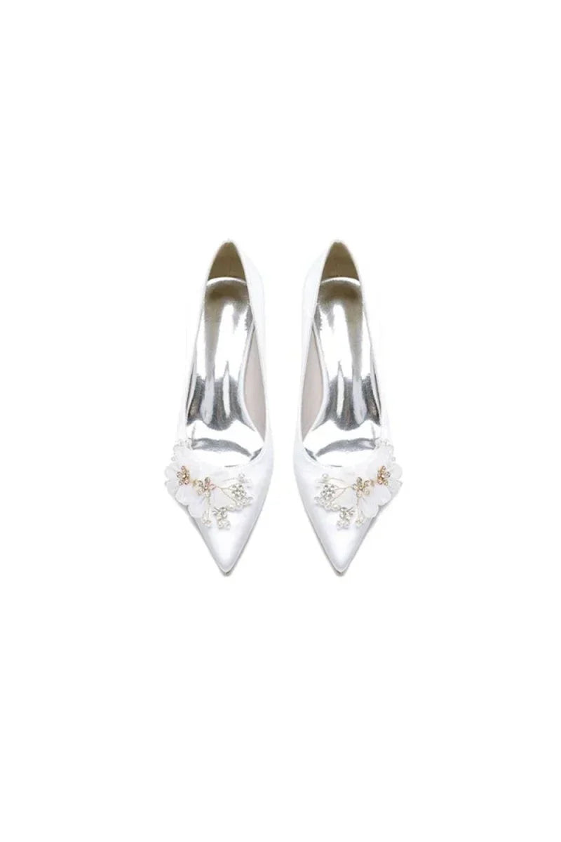 Pointed Toe Satin Slip on Chunky Wedding Shoes With Flower