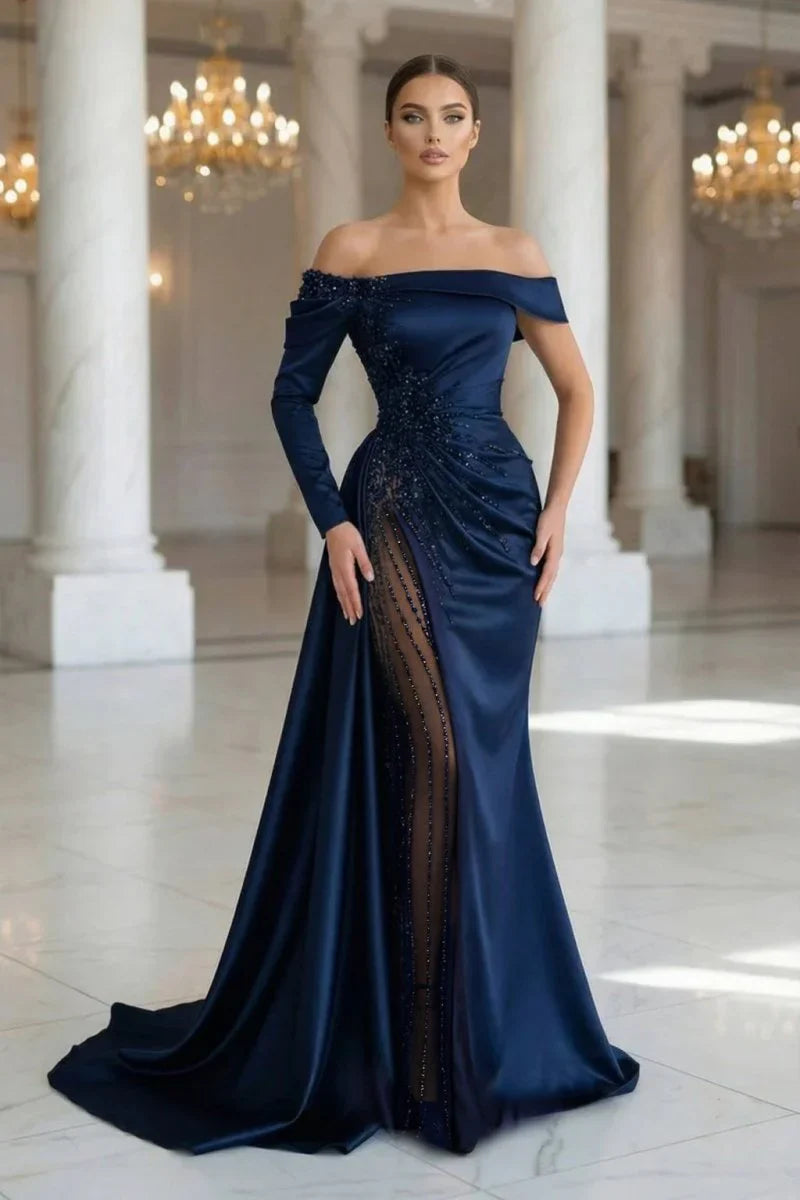 Sheath Off The Shoulder Long Sleeves Satin Sequined Prom Dresses