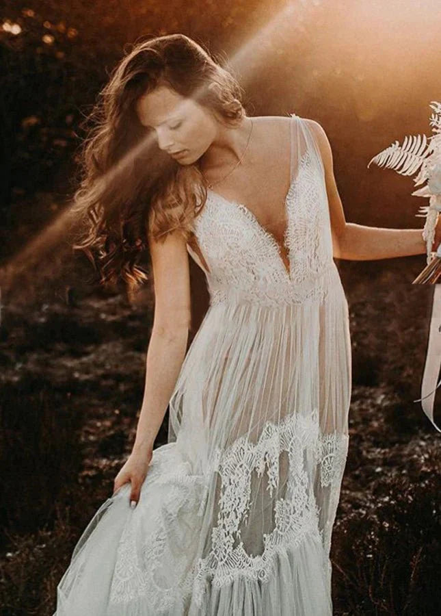 Bohemian Wedding Dresses V Neck Backless Romantic Dreamy Bridal Gowns