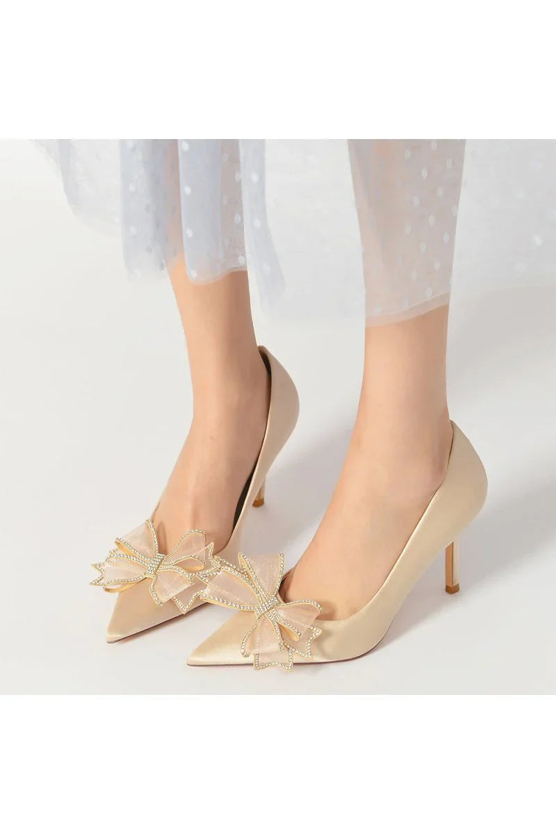 Champagne Pointed Toe Wedding Heels with Bow