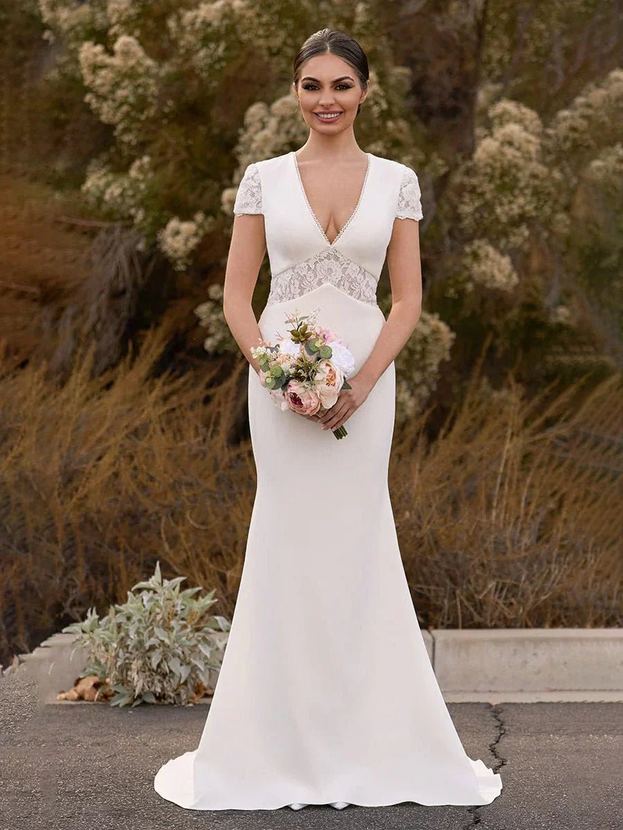Modest Simple Sheath Short Sleeve Empire Floor Length Sweep Train Chiffon V neck Wedding Dress