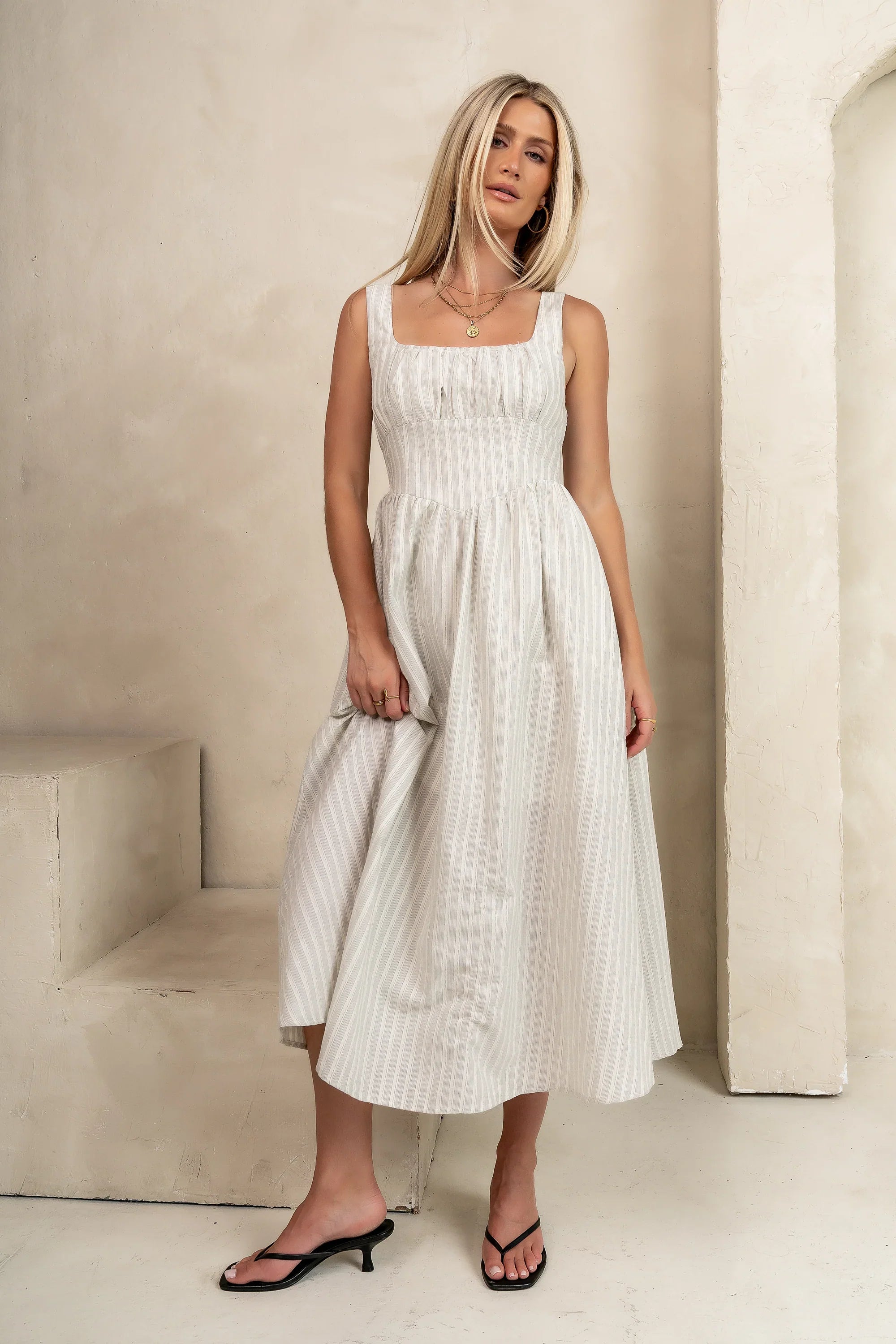Raven Striped Midi Dress in Black