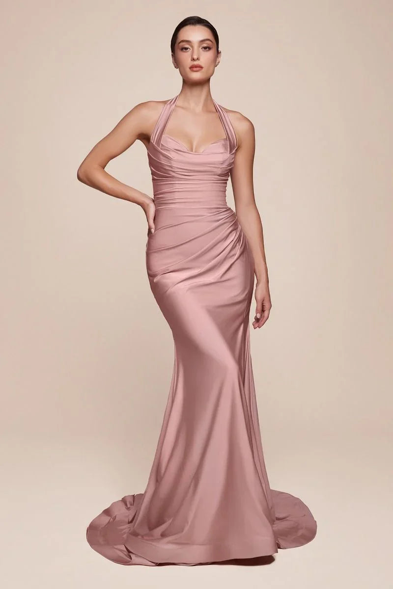 Autumn Gown Stretch Spandex Satin Halter Fitted Dress