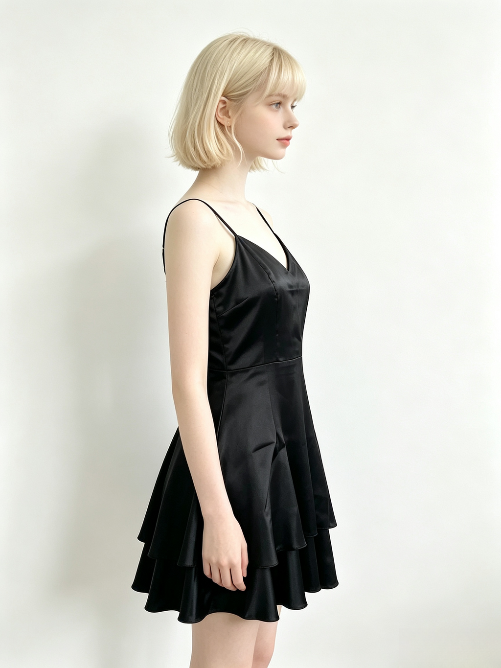 Black Satin Tiered Mini Cami Dress