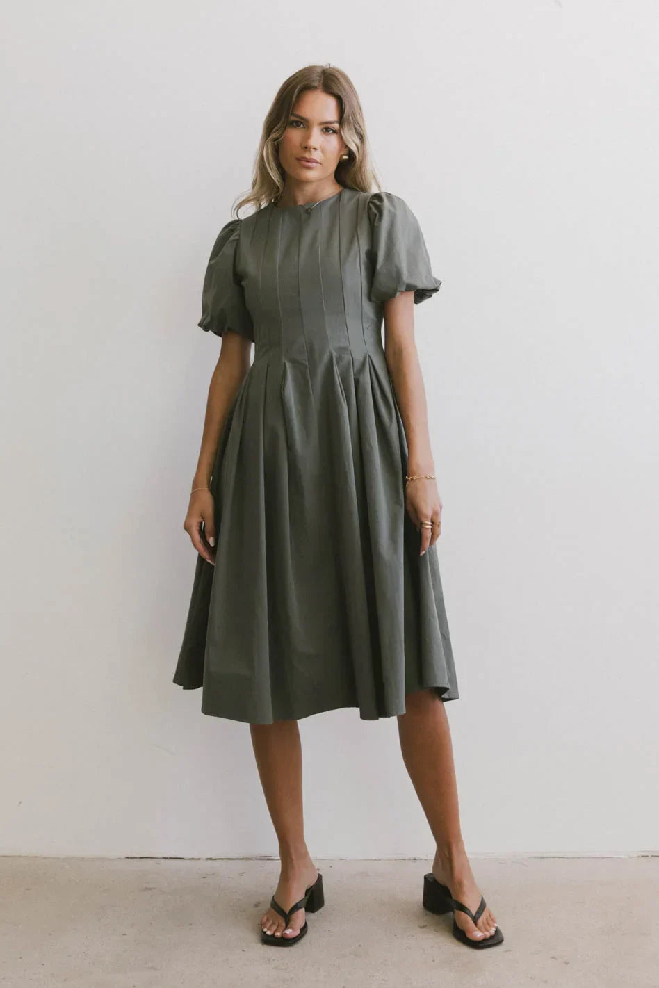 Eliana Pleated Midi Dress in Sage FINAL SALE