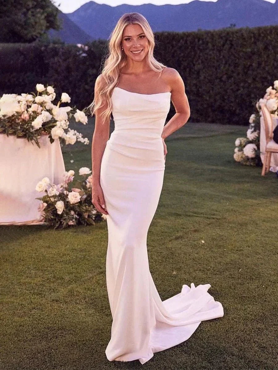 Elegant Mermaid Strapless Elastic Satin Wedding Dresses with Train