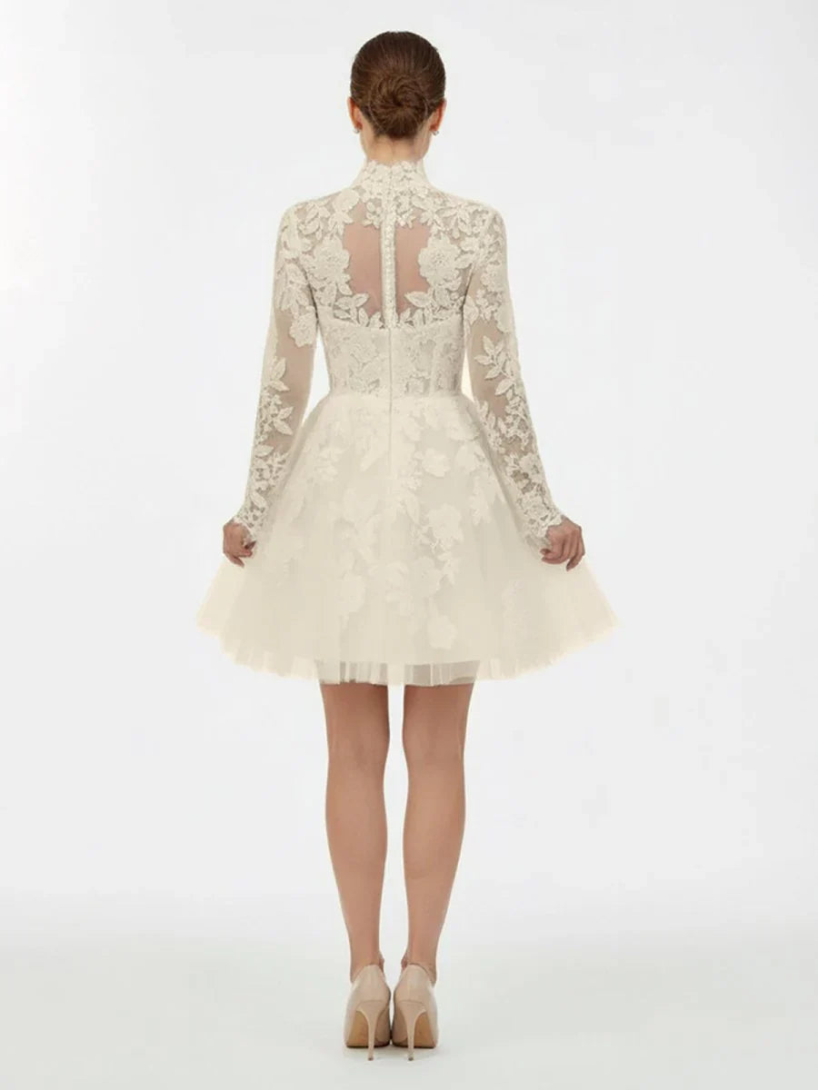 Short White A Line Illusion Neck Long Sleeves Lace Wedding Dresses