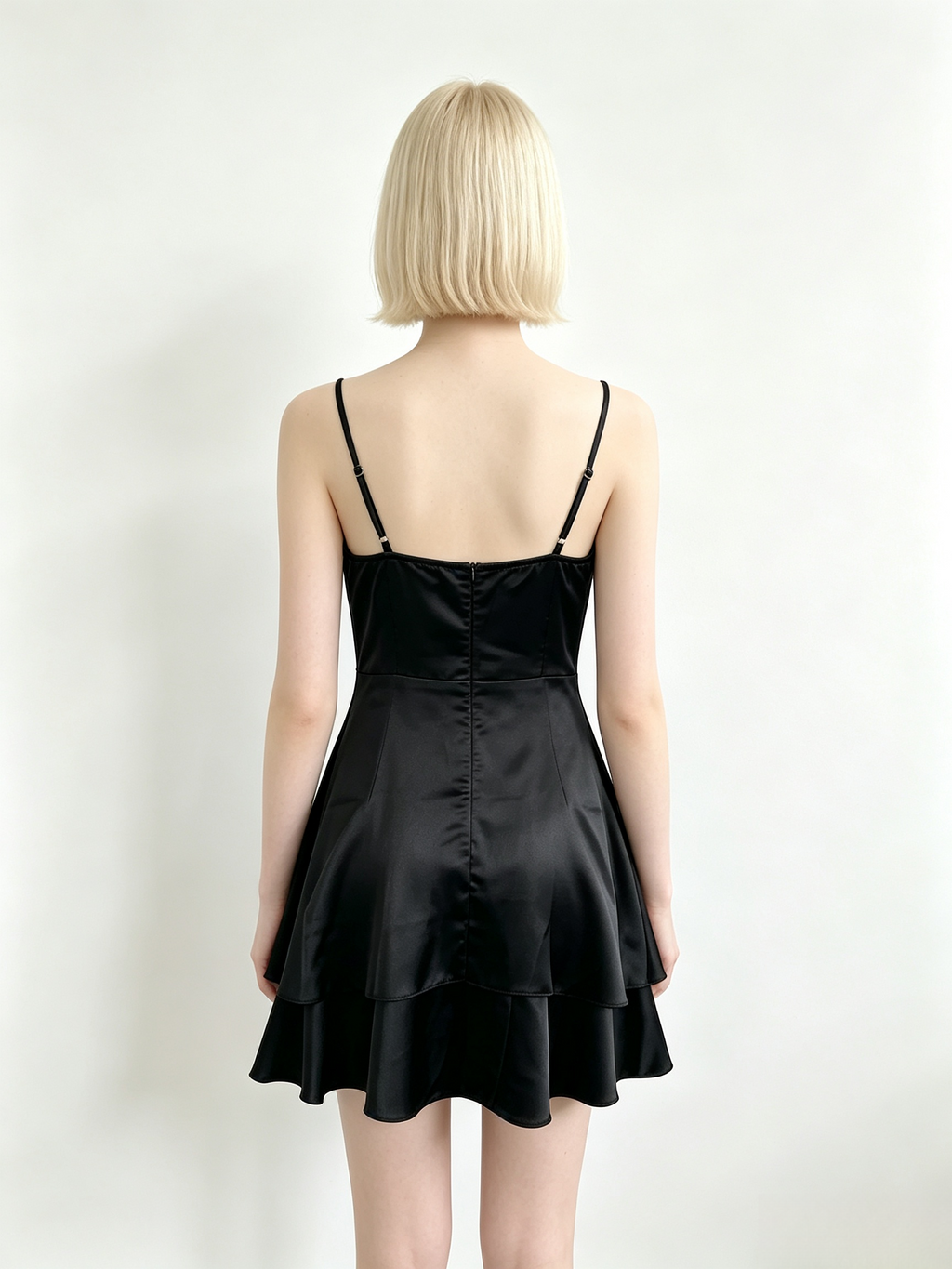 Black Satin Tiered Mini Cami Dress