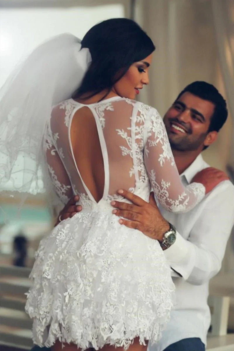 A Line Illusion Neck Lace Applique Long Sleeves Short Mini Wedding Dresses
