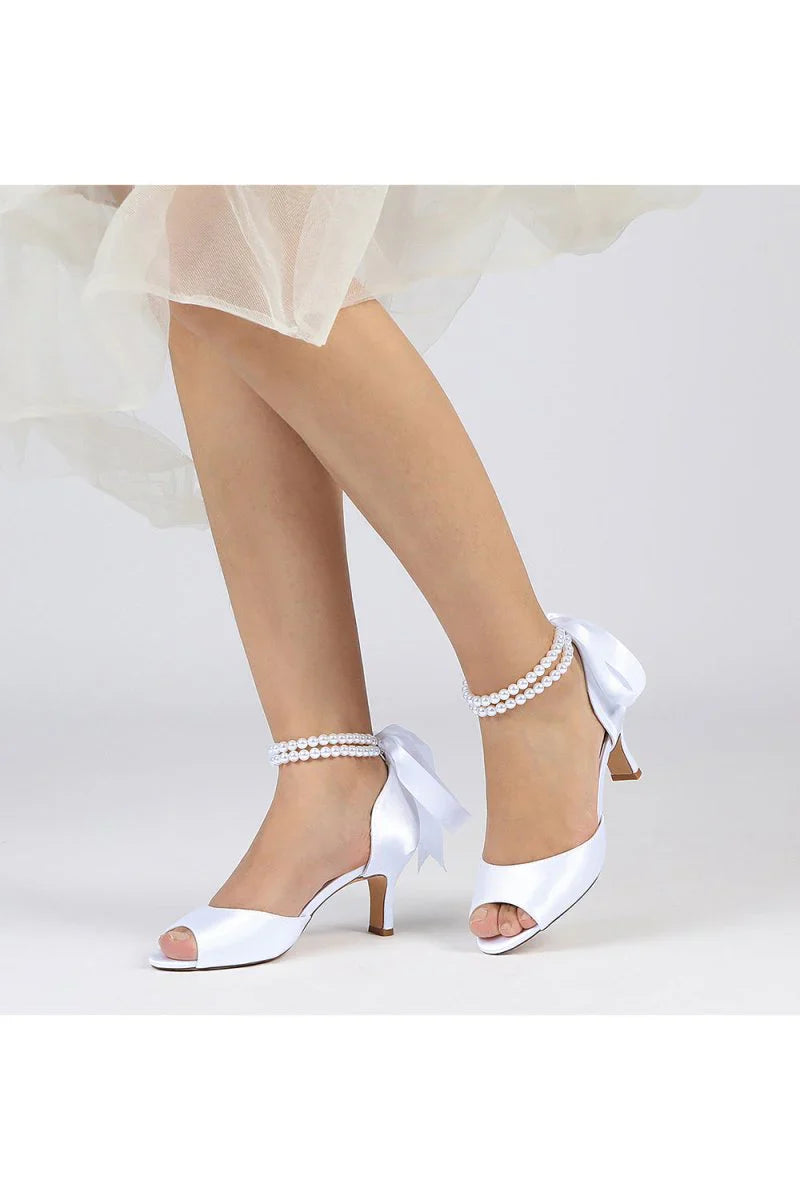Chic White Satin Heels Featuring a Pearl Embellished Bow