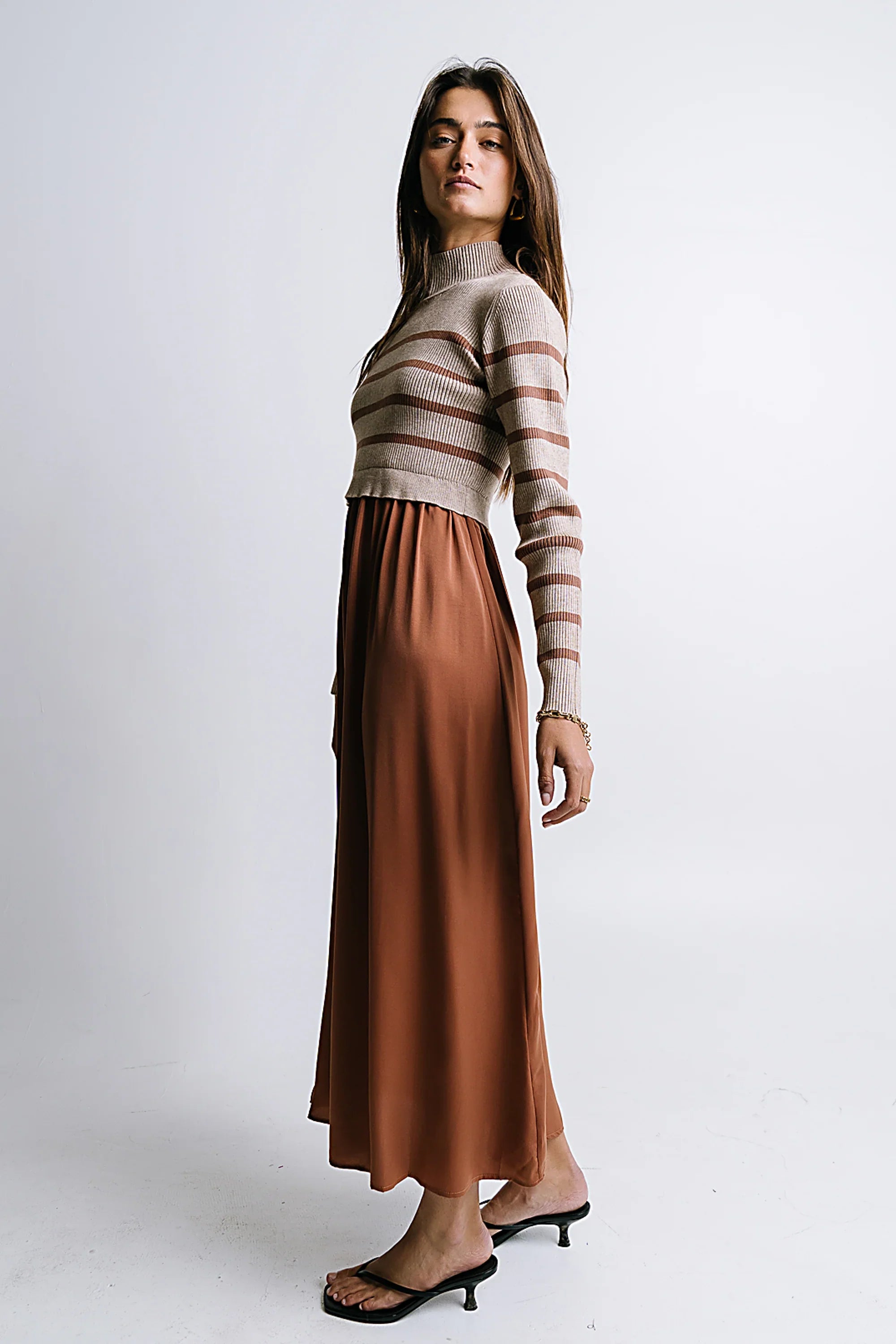 Zeda Midi Dress in Brown Stripe FINAL SALE