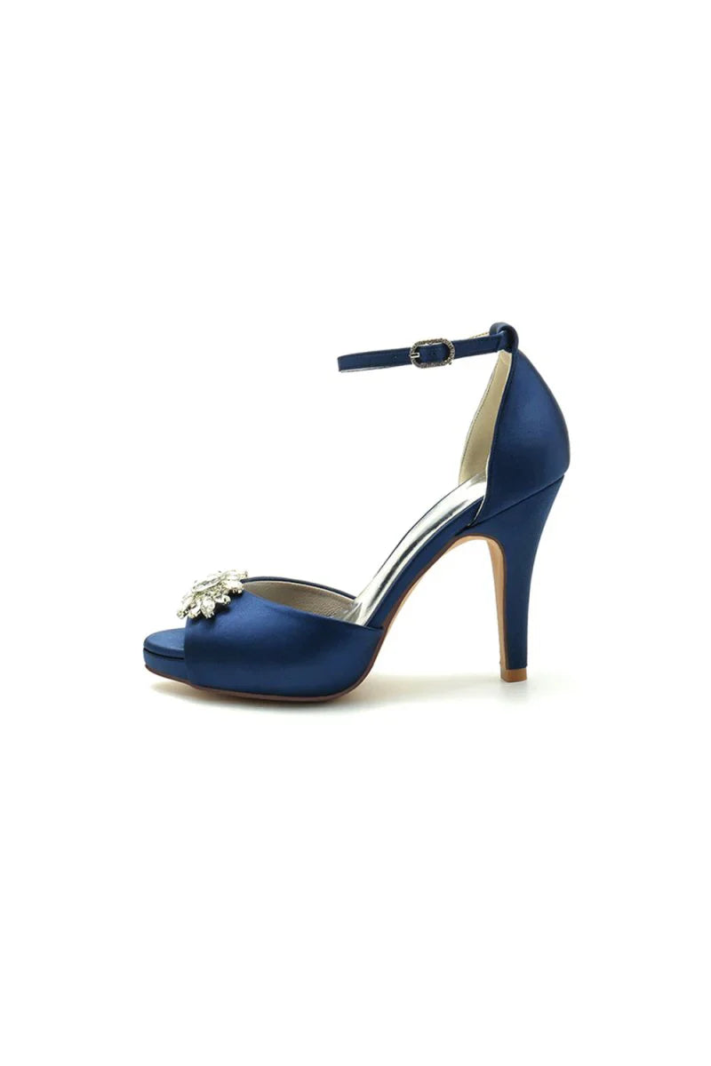 Royal Blue Silk Heels with Crystal Flower Ornament