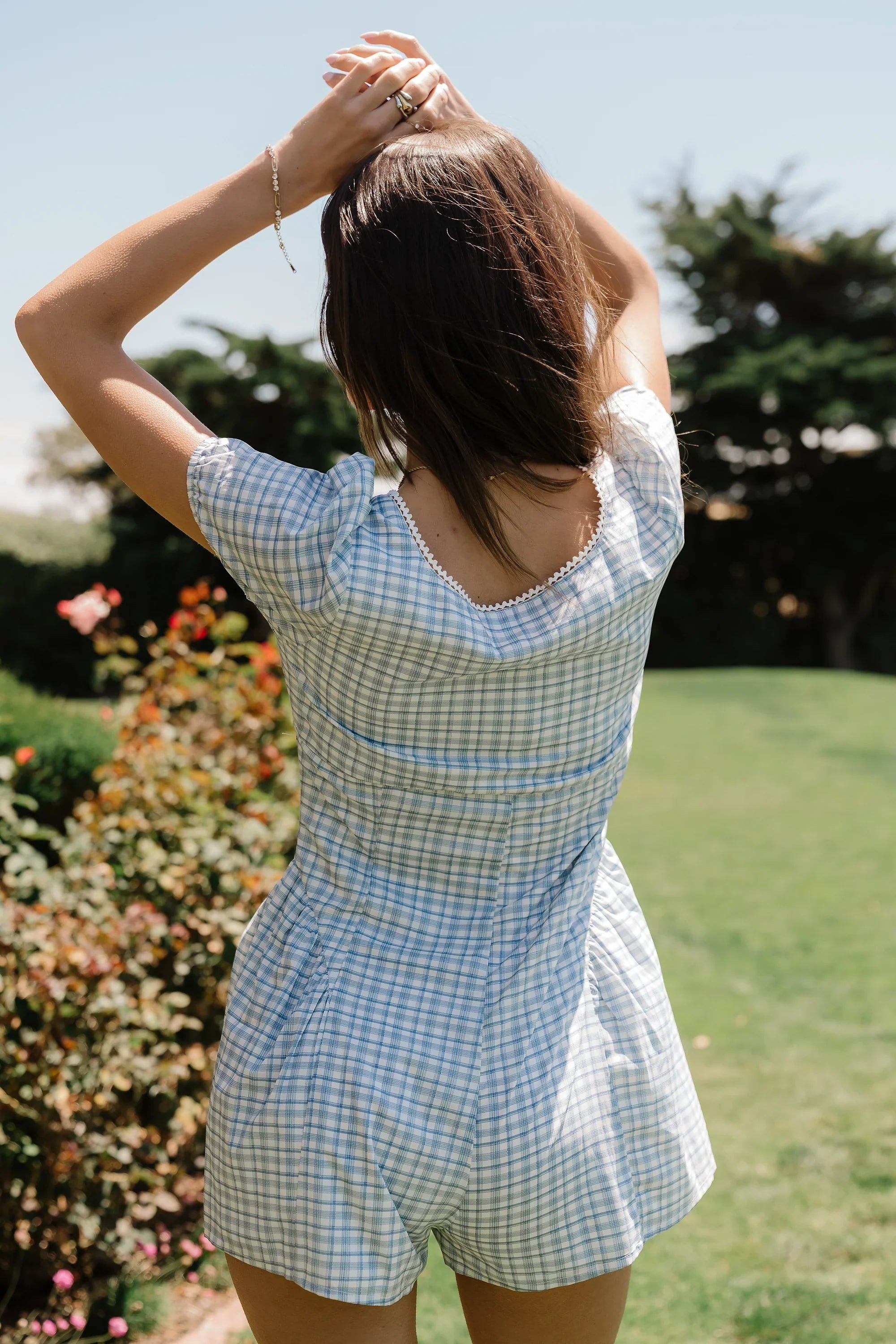 Aislynn Gingham Romper in Blue