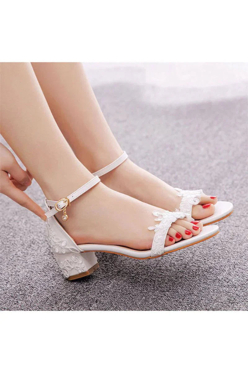 Elegant White Lace Open Toe Ankle strap Block Heels
