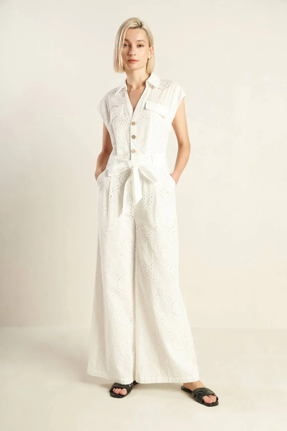 KNOW BETTER WHITE EYELET JUMPSUIT