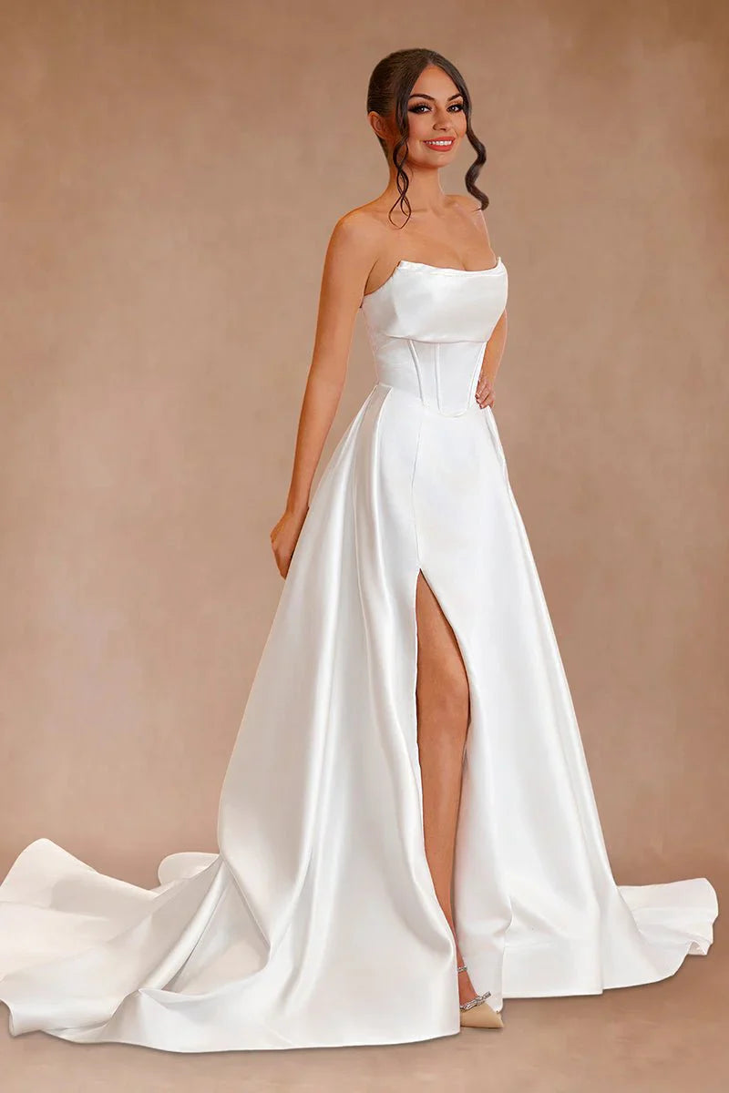 White Strapless Satin A Line Wedding Dresses