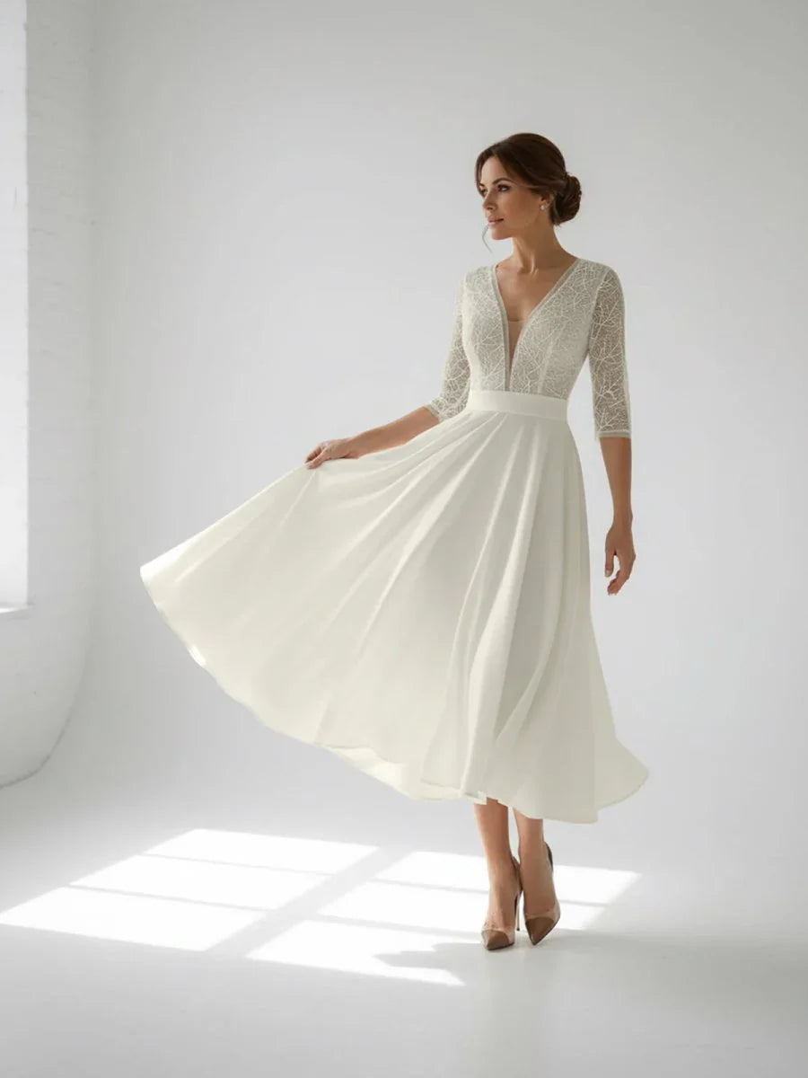 Satin V neck A Line Tea length Wedding Dress with Ruching and Sash