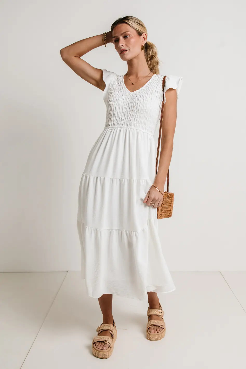 Rain Smocked Midi Dress in White FINAL SALE