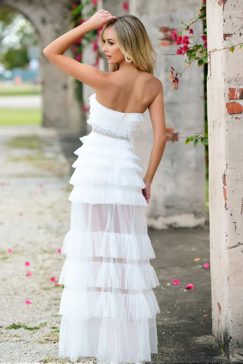 Georgia Maxi Dress White Ruffle Tulle Dress With Sheer Detail