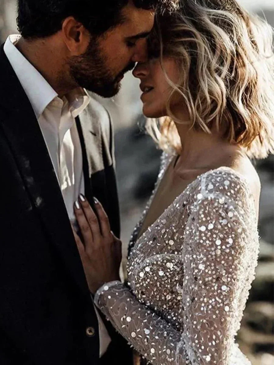 Bohemian A Line Sparkly Sequined Luxury Wedding Dresses