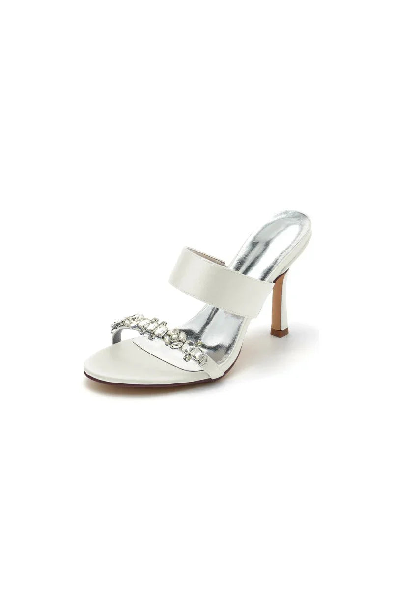 Open Toe Satin Strap Slip On High Heels With Rhinestone
