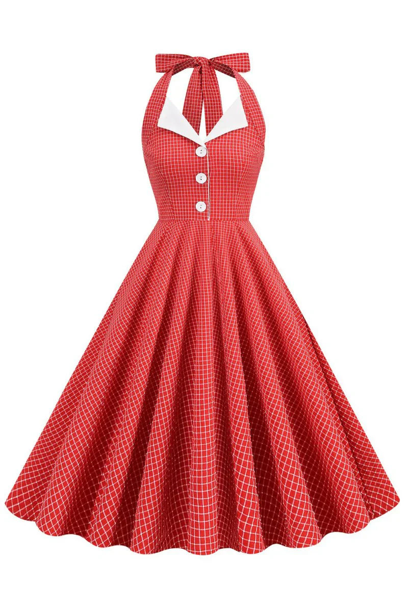 Retro Style Halter Neck Green 1950s Dress with Button