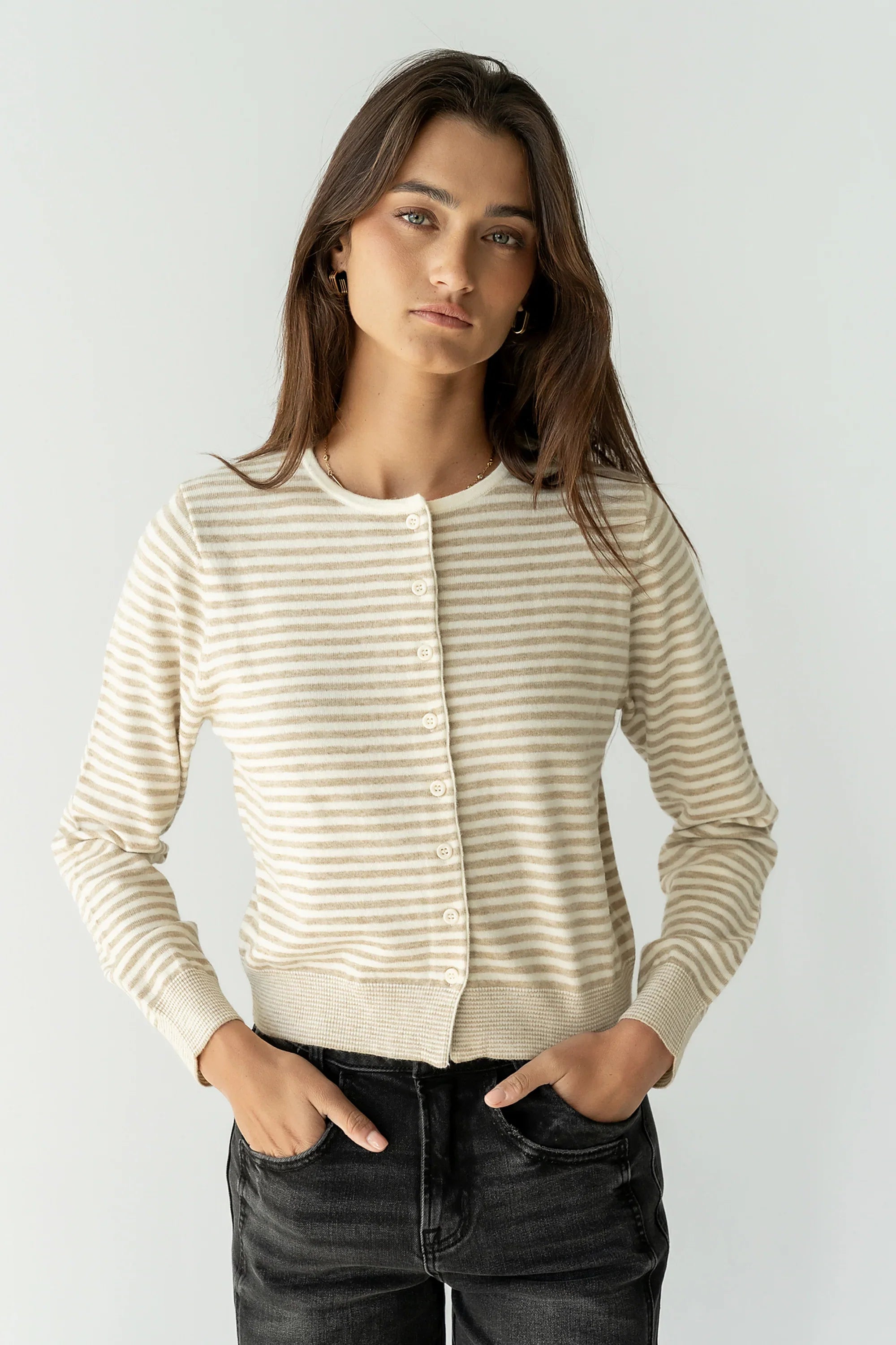 Edesse Striped Cardigan in Taupe