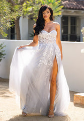 SOLAINE GOWN HAZE BLUE STRAPLESS BUSTIER CORSET A LINE DRESS