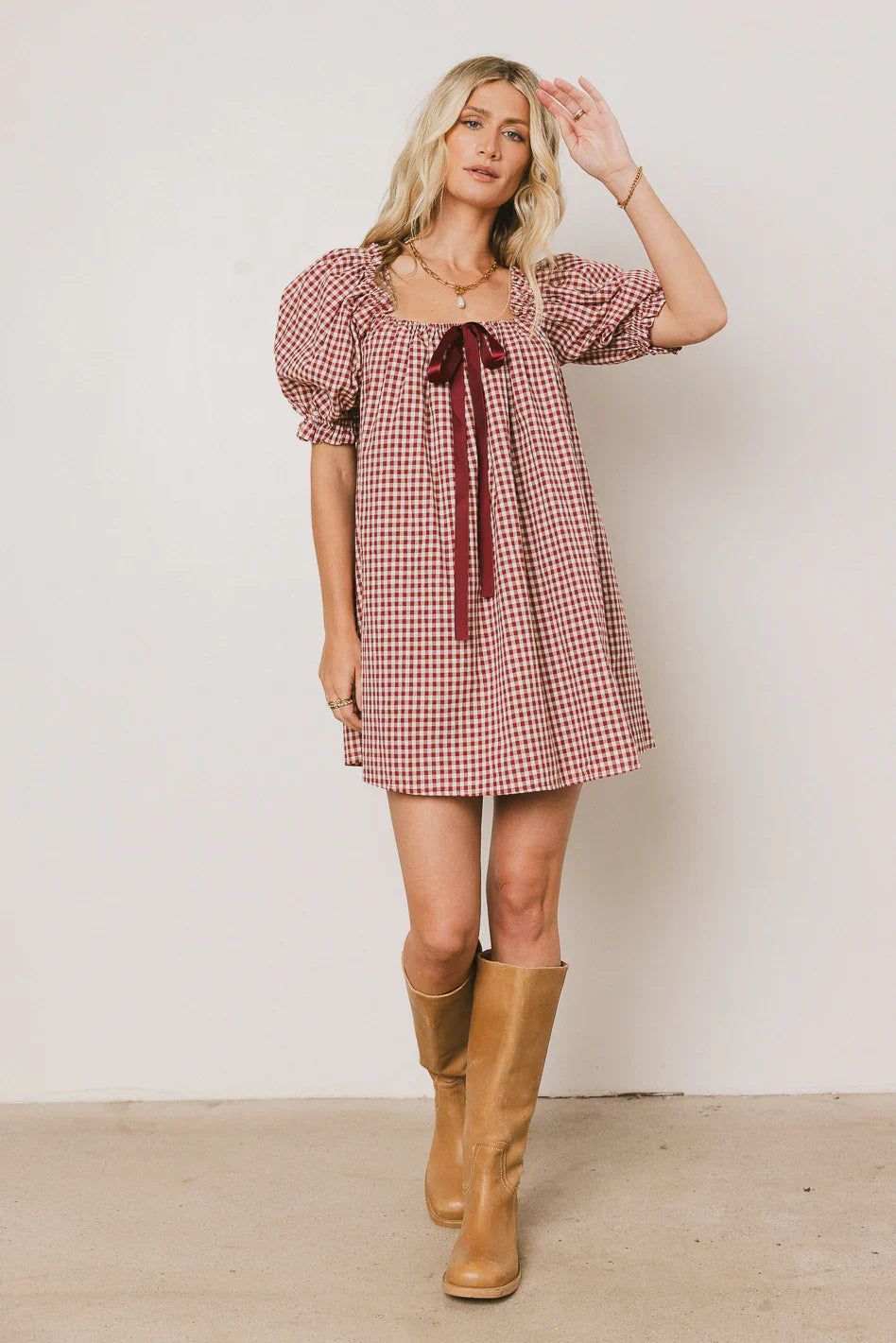 Cody Gingham Mini Dress in Burgundy