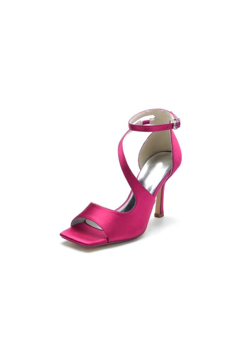 Simple Square Open Toe Ankle Strap Satin Prom Shoes