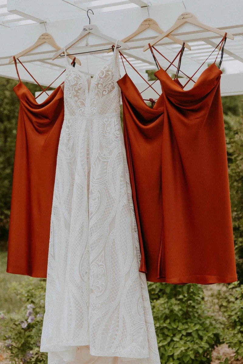 Spaghetti Straps Cowl Neck Tea Length Champagne Sheath Bridesmaid Dress