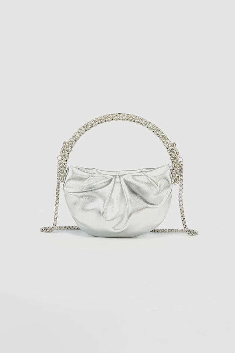Womens Rhinestone Handle Metallic Slouchy Evening Clutch Bags