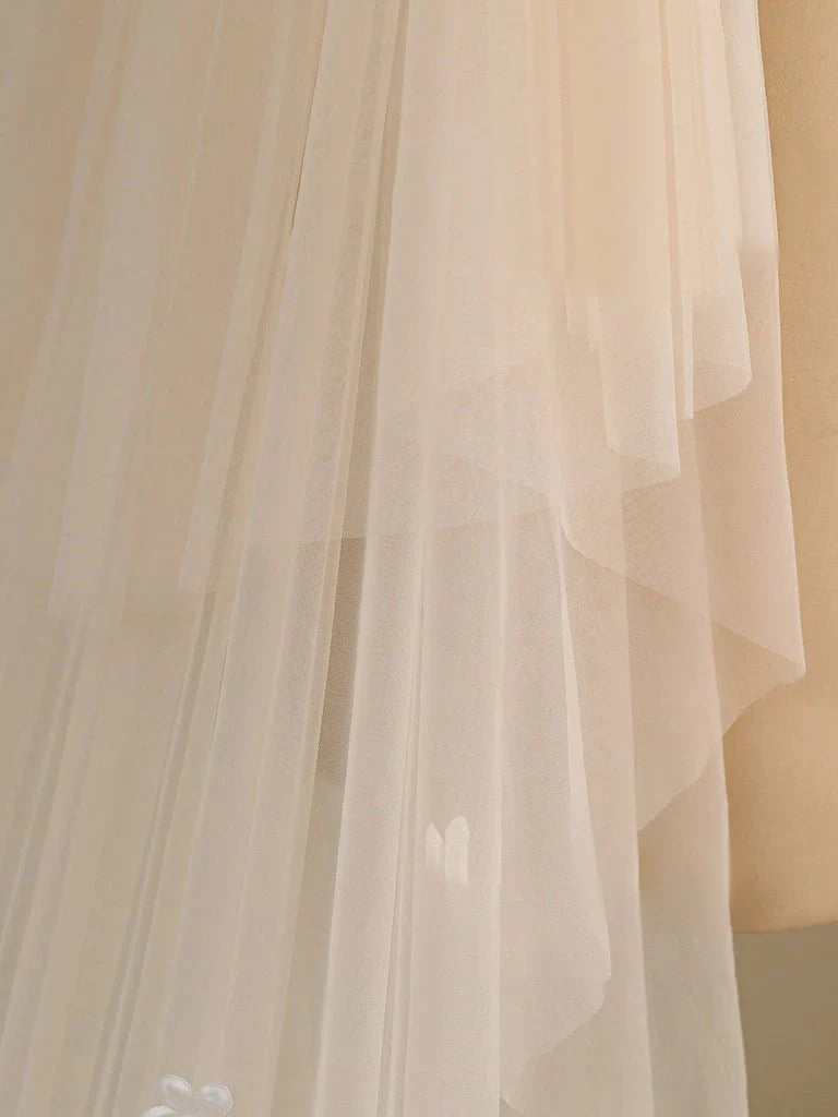 Ombre Champagne Floral Lace Ivory Cathedral Veil with Blusher Bridal Veil Wedding Veil