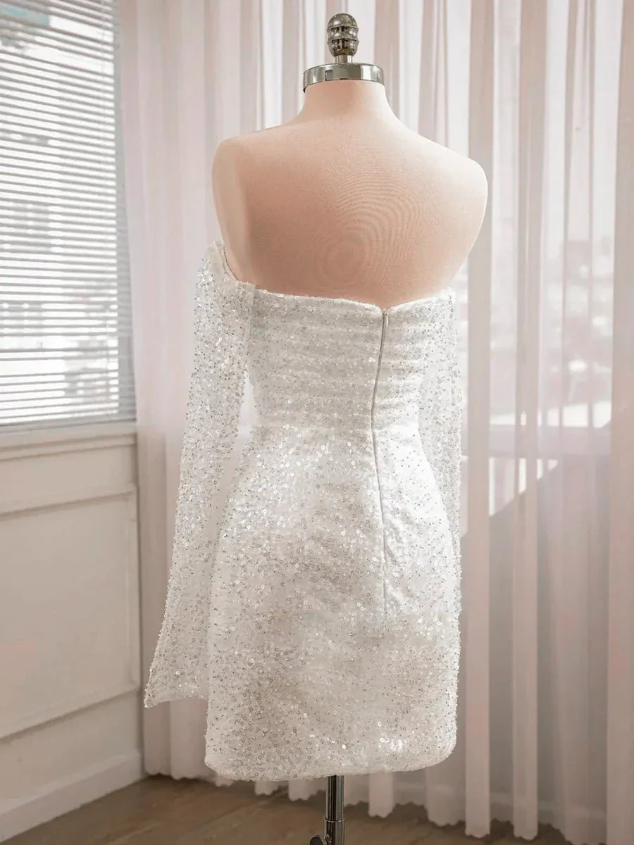 Chic Short Sequined Backless Wedding Dress With Long Detachable Sleeves