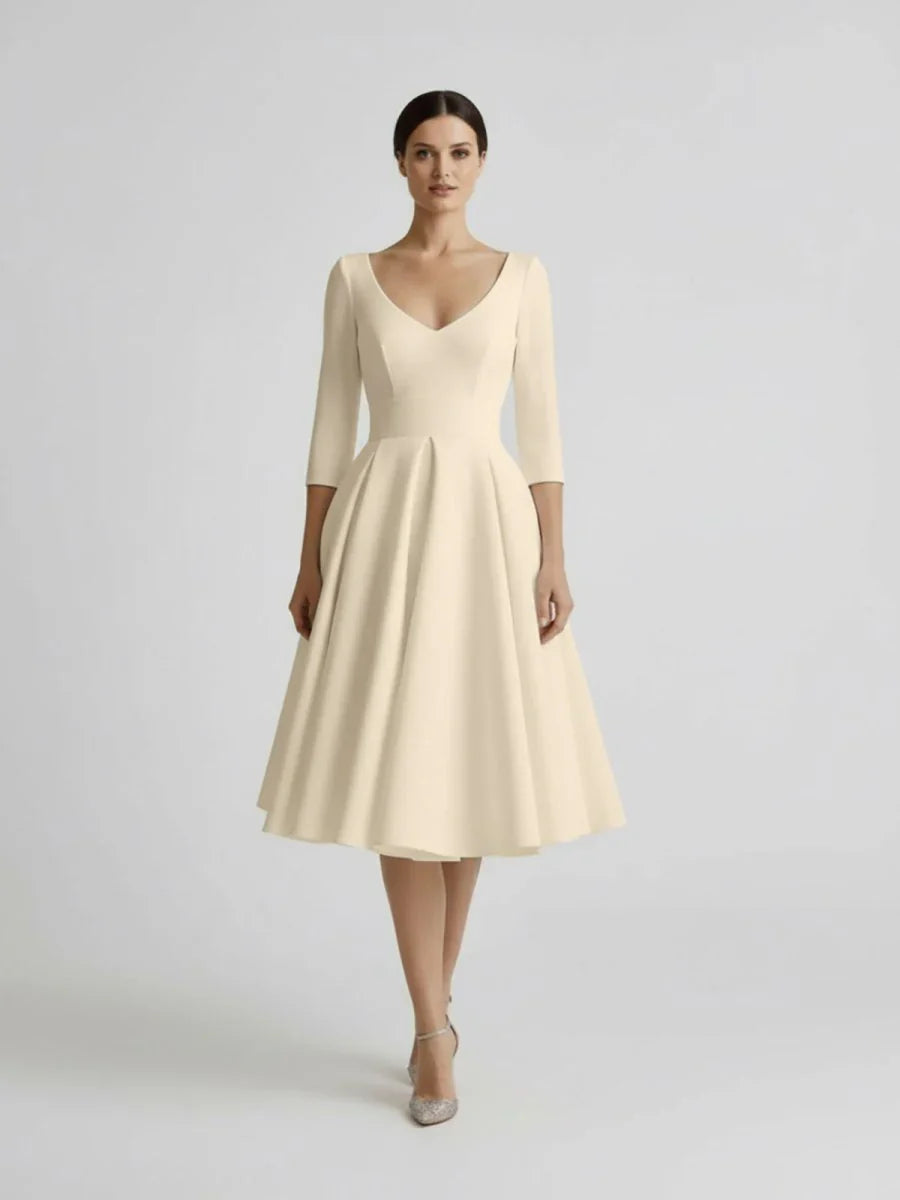 Vintage Sleeved A Line V neck Satin Tea Length Wedding Dress
