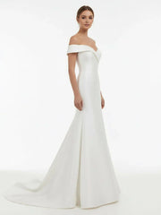 Chic Satin Off the Shoulder Sleeveless Sweep Train Bridal Dress